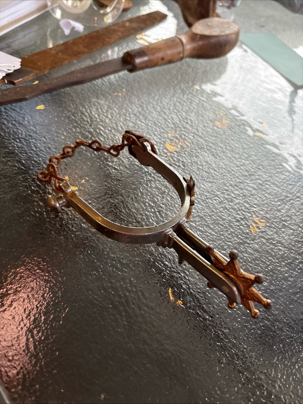 Brass Western Riding Spur with Decorative Rowel and Chain